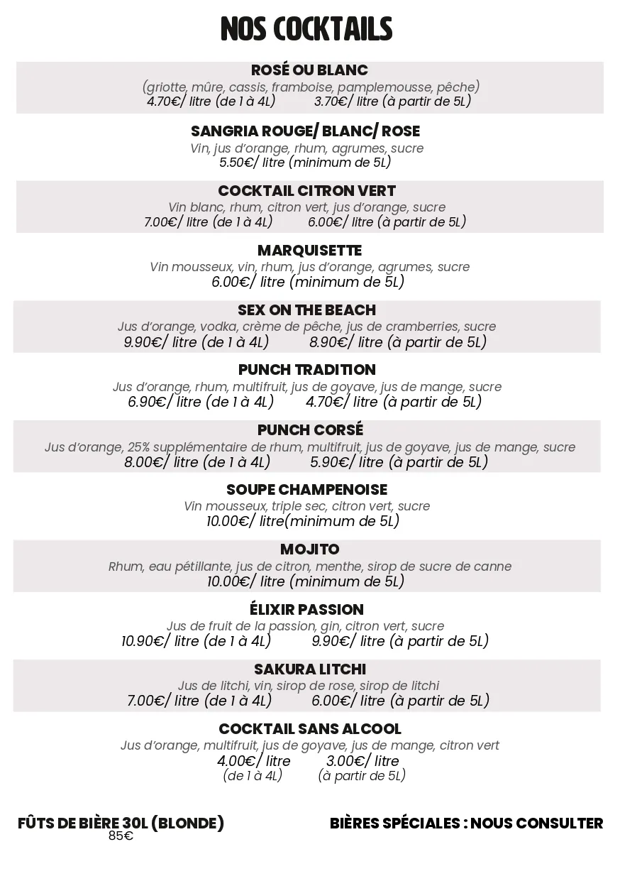 Carte des cocktails maison d'O'Clos des Amateurs avec les tarifs